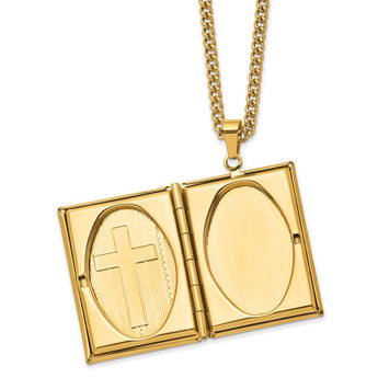 Stainless Steel Polished Yellow IP-plated Cross Bible Locket 24in Necklace