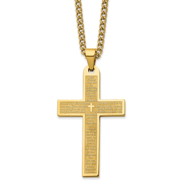 Stainless Steel Polished Yellow IP-plated Lord's Prayer Cross 24in Necklace
