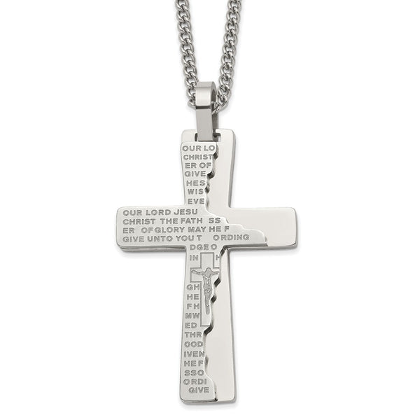 Stainless Steel Polished Etched Broken Prayer Cross 24in Necklace