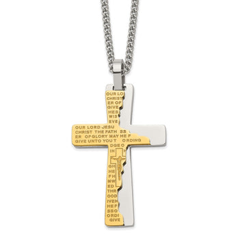 Stainless Steel Polished Yellow IP Etched Broken Prayer Cross 24in Necklace