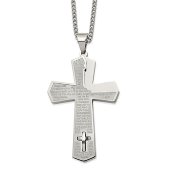 Stainless Steel Polished Lord's Prayer Cross 24in Necklace