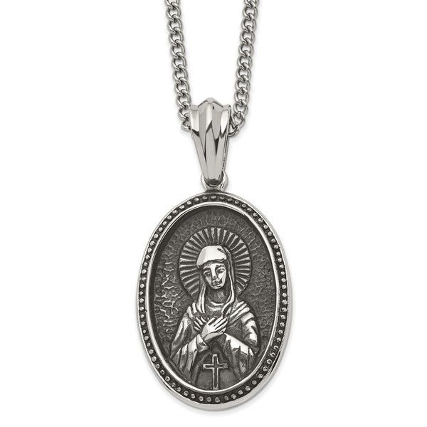Stainless Steel Antiqued and Polished Our Lady of Guadalupe 24in Necklace