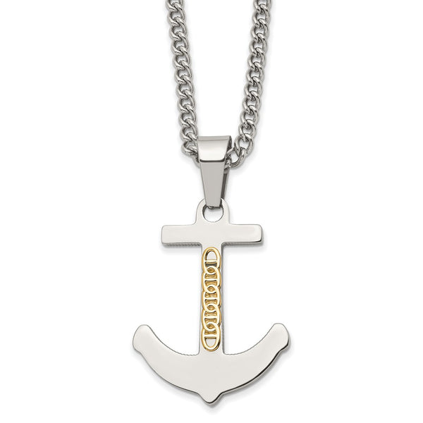 Stainless Steel w/14k Accent Polished Anchor 24in Necklace