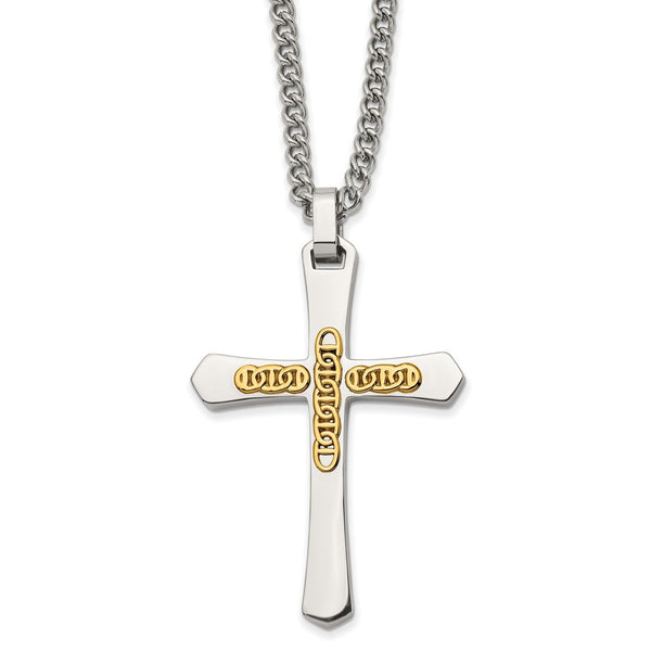 Stainless Steel w/14k Accent Polished Cross 24in Necklace