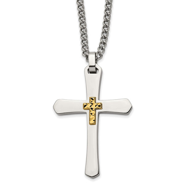 Stainless Steel w/14k Accent Polished D/C Cross 24in Necklace