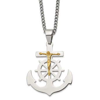 Stainless Steel Polished Yellow IP-plated Mariner's Cross 24in Necklace