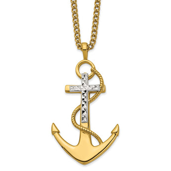 Stainless Steel Polished Yellow IP-plated D/C Cross/Anchor 24in Necklace