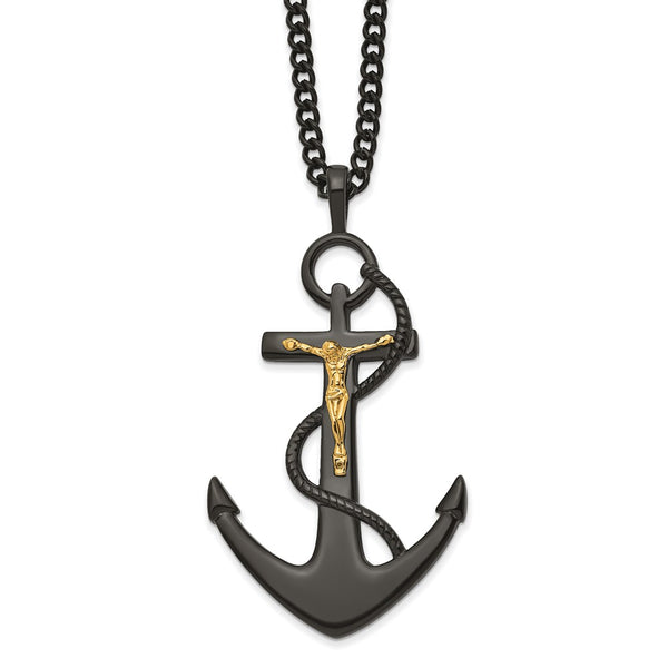 Stainless Steel Polished Black/Yellow IP Crucifix Anchor 24in Necklace