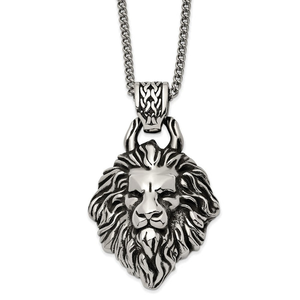 Stainless Steel Antiqued and Polished Lion's Head 24in Necklace