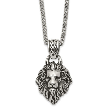 Stainless Steel Antiqued and Polished Lion Head 24in Necklace