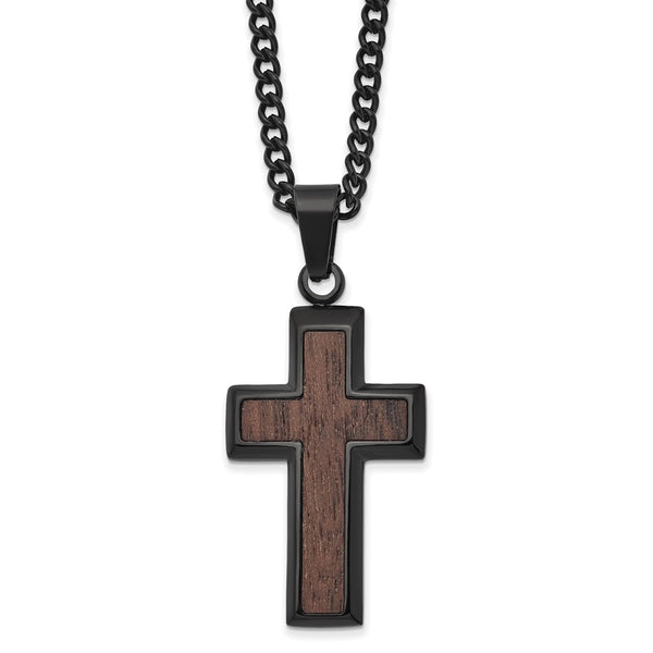Stainless Steel Polished Black IP-plated w/Wood Inlay Cross 24in Necklace