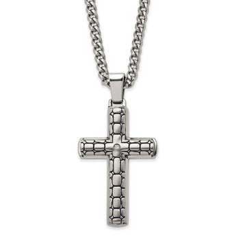 Stainless Steel Antiqued Brushed & Polished w/CZ Cross 24in Necklace