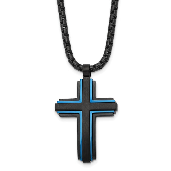 Stainless Steel Brushed & Polished Black/Blue IP-plated Cross 24in Necklace