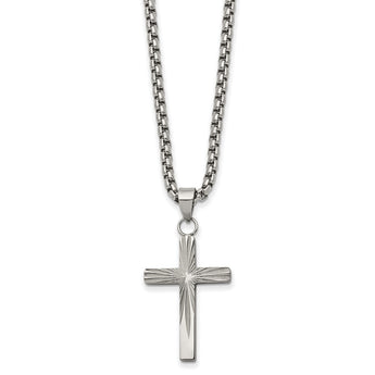 Stainless Steel Polished Sunburst Design Cross 24in Necklace