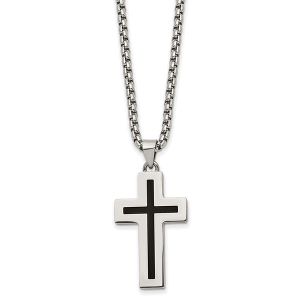 Stainless Steel Polished with Black Enamel Cross 24in Necklace