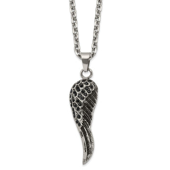 Stainless Steel Antiqued and Polished with Black Crystal Wing 24in Necklace