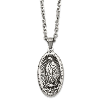 Stainless Steel Antiqued & Polished Spanish Lady of Guadalupe 24in Necklace