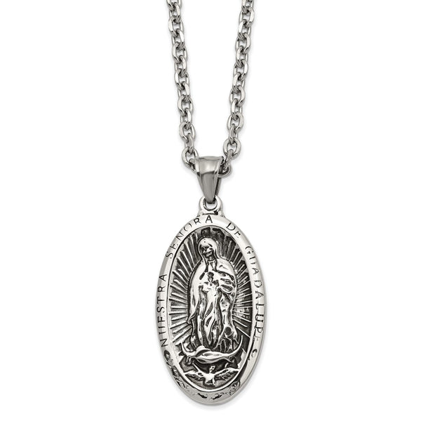 Stainless Steel Antiqued & Polished Spanish Lady of Guadalupe 24in Necklace