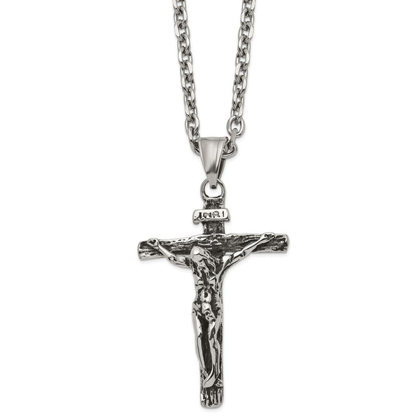 Stainless Steel Antiqued and Polished INRI Crucifix 24in Necklace