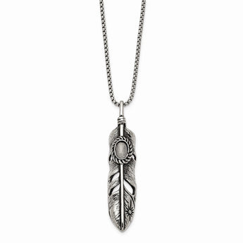 Stainless Steel Antiqued & Polished w/White Cat's Eye Feather 24in Necklace