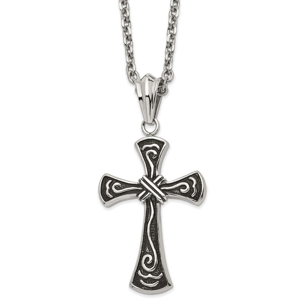 Stainless Steel Antiqued and Polished Cross 24in Necklace