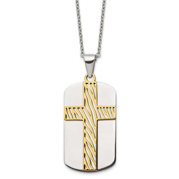 Stainless Steel Polished Yellow IP-plated Cross and Dog Tag 24in Necklace