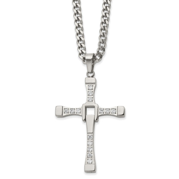 Stainless Steel Polished with CZ Moveable Cross w/2in ext 22in Necklace