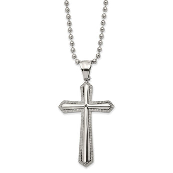 Stainless Steel Polished Laser-cut with Black CZ Cross 24in Necklace