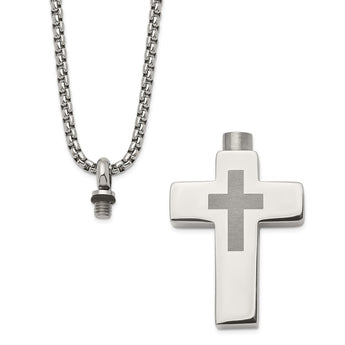 Stainless Steel Polished Lasered Cross Ash Holder 24in Necklace