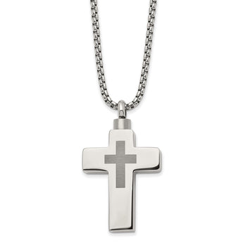 Stainless Steel Polished Lasered Cross Ash Holder 24in Necklace