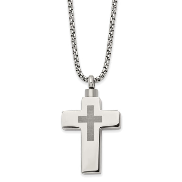 Stainless Steel Polished Lasered Cross Ash Holder 24in Necklace