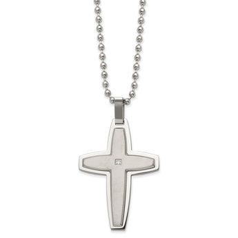 Stainless Steel Brushed and Polished with CZ Cross 22in Necklace