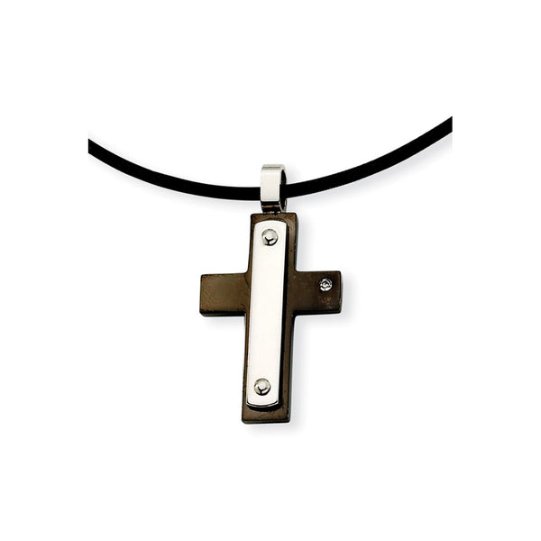 Stainless Steel CZ Accent Black IP-plated Cross 18in Necklace
