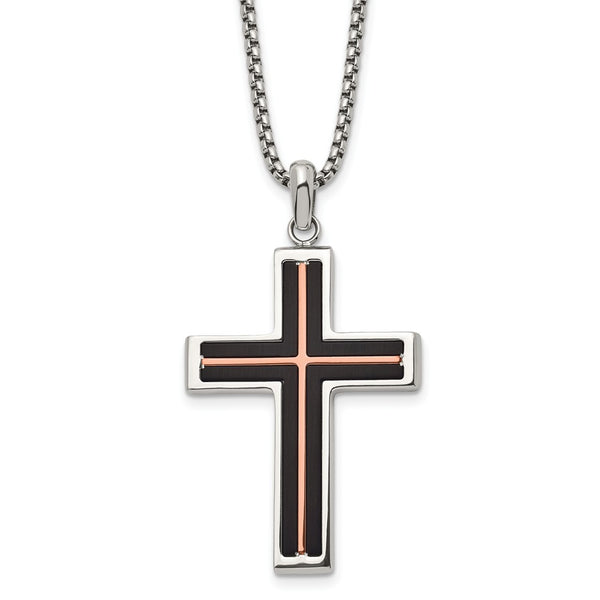 Stainless Steel Brushed & Polished Black/Rose IP-plated 24in Cross Necklace