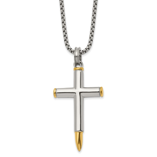 Stainless Steel Polished Yellow IP-plated Bullet Cross 24in Necklace