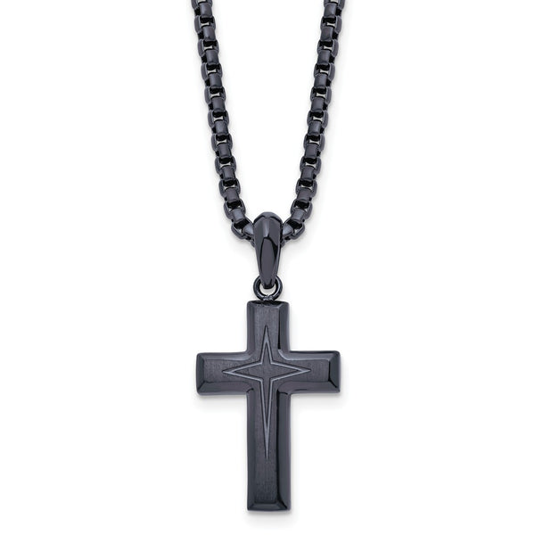 Stainless Steel Brushed and Polished Dark Grey IP 24in Cross Necklace