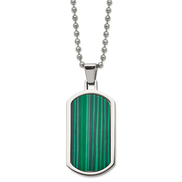 Stainless Steel Polished Malachite Inlay 22in Dog Tag Necklace