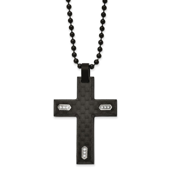 Stainless Steel Brushed Black IP & Carbon Fiber with CZ 24in Cross Necklace