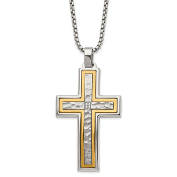 Stainless Steel Brushed and Polished Yellow IP with CZ Cross 24in Necklace