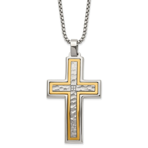 Stainless Steel Brushed and Polished Yellow IP with CZ Cross 24in Necklace