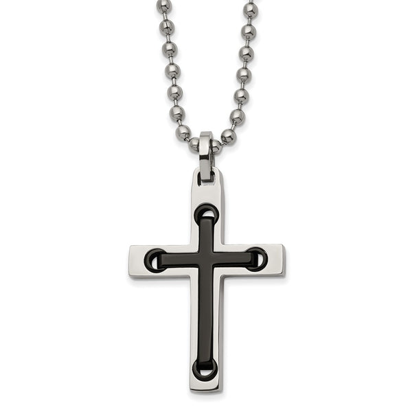 Stainless Steel Polished with Black IP-plated Center Cross 22in Necklace