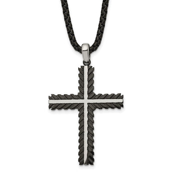 Stainless Steel Brushed & Polished Black IP-plated Cross 24in Necklace