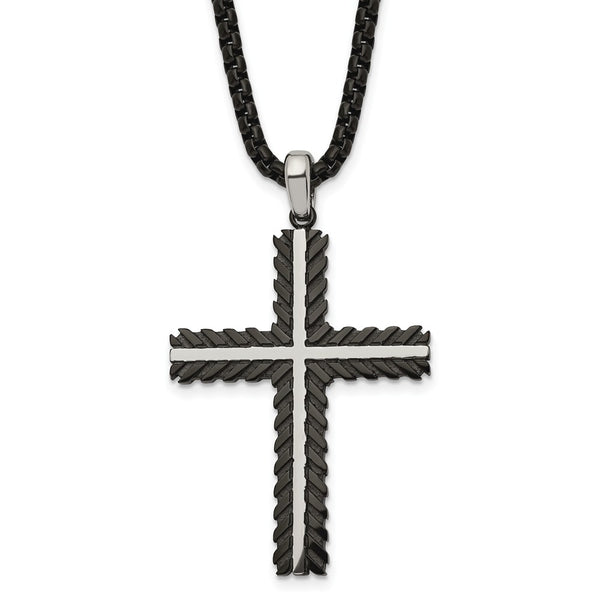 Stainless Steel Brushed & Polished Black IP-plated Cross 24in Necklace