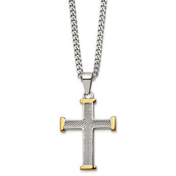 Stainless Steel Textured & Polished Yellow IP-plated Cross 22in Necklace