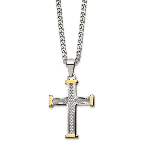Stainless Steel Textured & Polished Yellow IP-plated Cross 22in Necklace