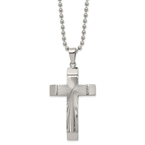 Stainless Steel Polished and Textured Cross 22in Necklace