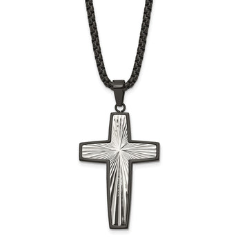 Stainless Steel Polished and Textured Black IP-plated Cross 24in Necklace