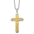 Stainless Steel Brushed Polished & Textured Yellow IP Cross 22in Necklace