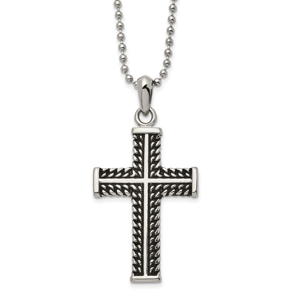 Stainless Steel Antiqued and Polished Cross 22in Necklace