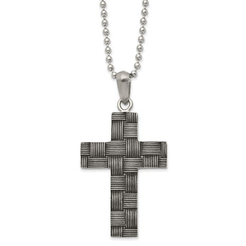 Stainless Steel Antiqued & Polished Basket Weave Design Cross Necklace